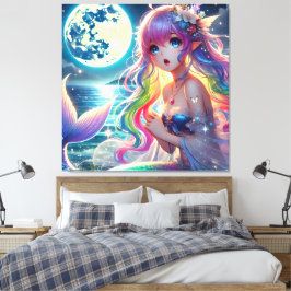 アニメの少女が月明かりの中で歌う ピクシー レインボー マーメイド キャンバスプリント