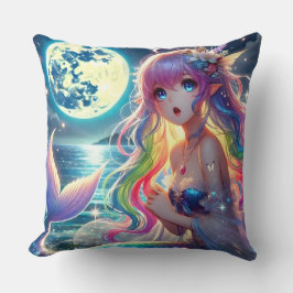 アニメの少女が月明かりの中で歌う ピクシー レインボー マーメイド クッション