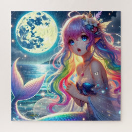 アニメの少女が月明かりの中で歌う ピクシー レインボー マーメイド ジグソーパズル