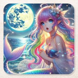 アニメの少女が月明かりの中で歌う ピクシー レインボー マーメイド スクエアペーパーコースター