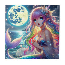 アニメの少女が月明かりの中で歌う ピクシー レインボー マーメイド タイル