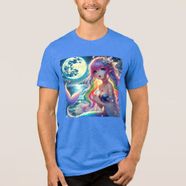 アニメの少女が月明かりの中で歌う ピクシー レインボー マーメイド トライブレンドTシャツ
