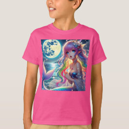 アニメの少女が月明かりの中で歌う ピクシー レインボー マーメイド Tシャツ
