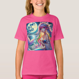アニメの少女が月明かりの中で歌う ピクシー レインボー マーメイド Tシャツ