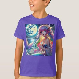 アニメの少女が月明かりの中で歌う ピクシー レインボー マーメイド Tシャツ