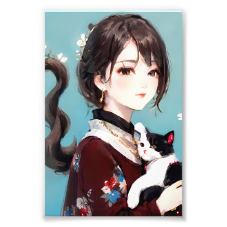 アニメの少女が黒白の猫を抱っこ フォトプリント
