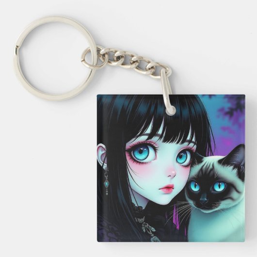 アニメの少女とシャム猫のオリジナルデザイン キーホルダー (正面)