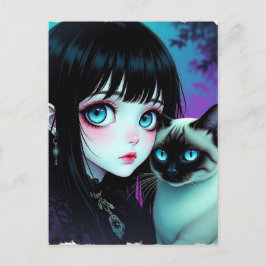 アニメの少女とシャム猫 | こんにちは ポストカード