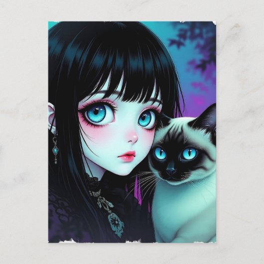 アニメの少女とシャム猫 | こんにちは ポストカード (正面)