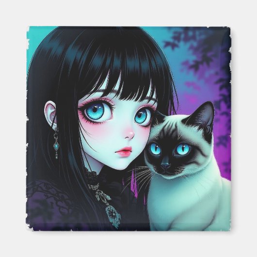 アニメの少女とシャム猫 マグネット (正面)