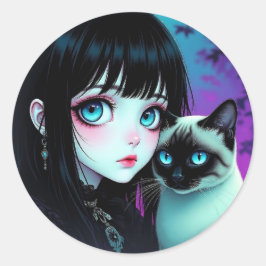  アニメの少女とシャム猫  ラウンドシール
