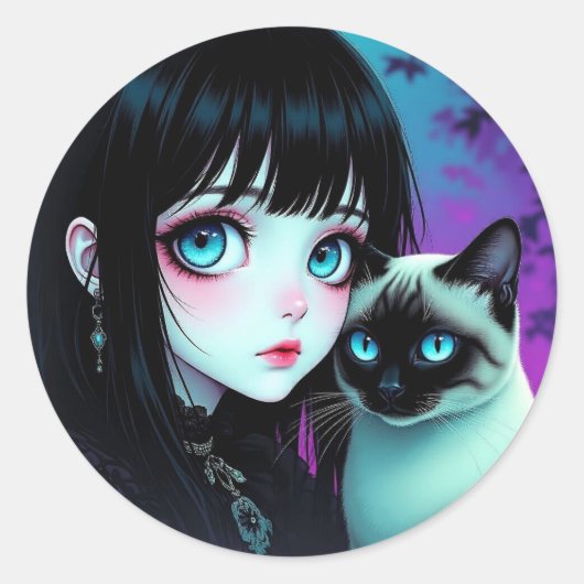 アニメの少女とシャム猫 ラウンドシール (正面)