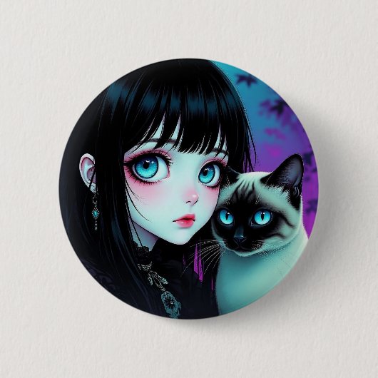 アニメの少女とシャム猫 缶バッジ (正面)