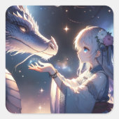 アニメの少女とドラゴンの神秘的なイラスト スクエアシール (正面)