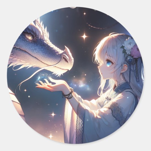 アニメの少女とドラゴンの神秘的なイラスト ラウンドシール (正面)
