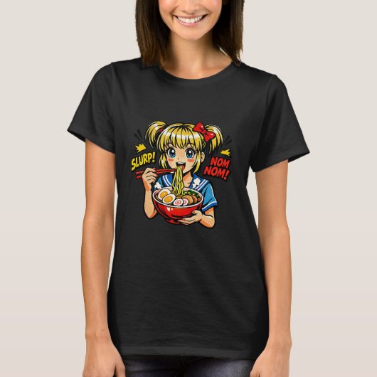 アニメの少女のラーメンを食べる姿 Tシャツ (正面)