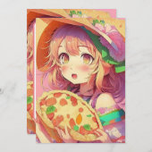 アニメの少女の誕生日ピザパーティー 招待状 (正面/裏面)