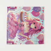 アニメの少女 ピンクの誕生日 タペストリー (正面(横))