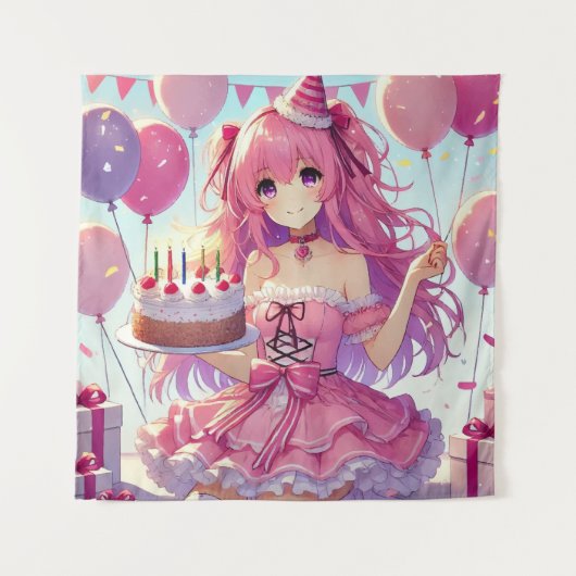 アニメの少女 ピンクの誕生日 タペストリー (正面)