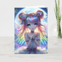アニメの少女 虹色の髪 歌う 月の妖精