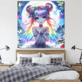 アニメの少女 虹色の髪 歌う 月の妖精 キャンバスプリント