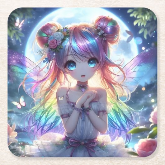 アニメの少女 虹色の髪 歌う 月の妖精 スクエアペーパーコースター (正面)