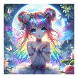 アニメの少女 虹色の髪 歌う 月の妖精 フォトプリント