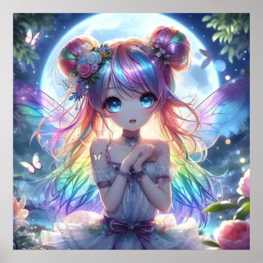 アニメの少女 虹色の髪 歌う 月の妖精 ポスター (正面)