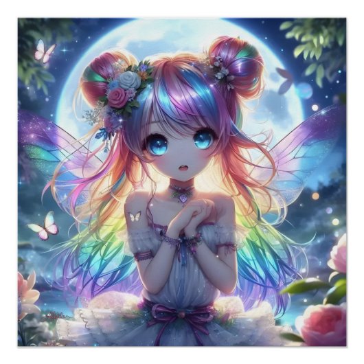 アニメの少女 虹色の髪 歌う 月の妖精 ポスター (正面)
