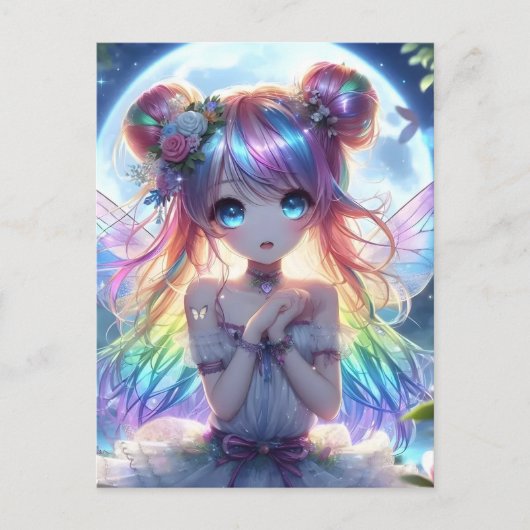 アニメの少女 虹色の髪 歌う 月の妖精 ポストカード (正面)