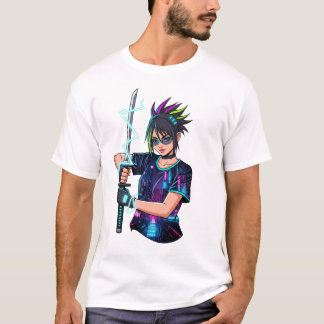 アニメの戦士少女 - サイバーパンク ネオン 刀 Tシャツ