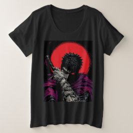 アニメの戦士 赤い月の剣を抱くアート プラスサイズTシャツ