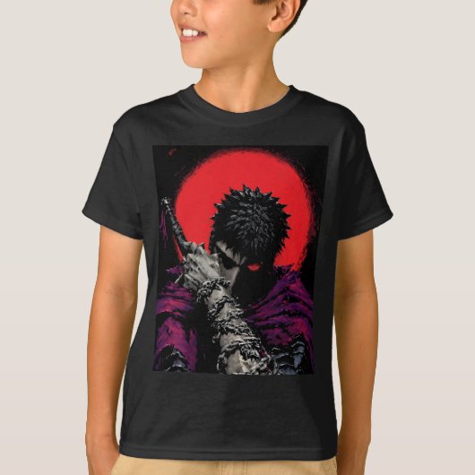 アニメの戦士 赤い月の剣を抱くアート Tシャツ (正面)