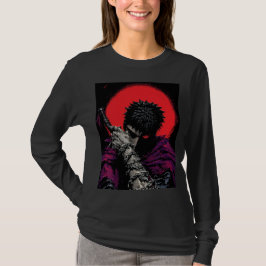 アニメの戦士 赤い月の剣を抱くアート Tシャツ