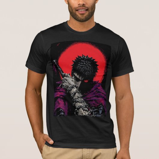アニメの戦士 赤い月の剣を抱くアート Tシャツ (正面)