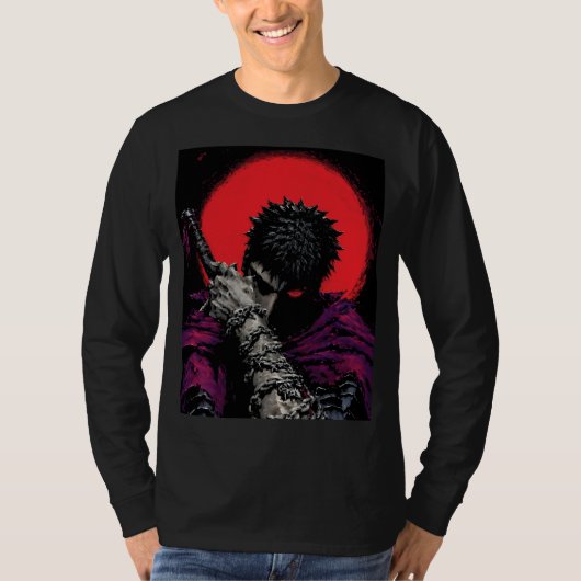 アニメの戦士 赤い月の剣を抱くアート Tシャツ (正面)
