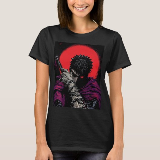 アニメの戦士 赤い月の剣を抱くアート Tシャツ (正面)