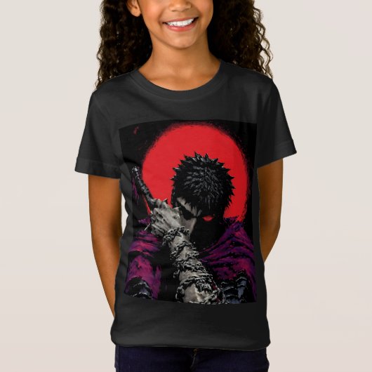 アニメの戦士 赤い月の剣を抱くアート Tシャツ (正面)