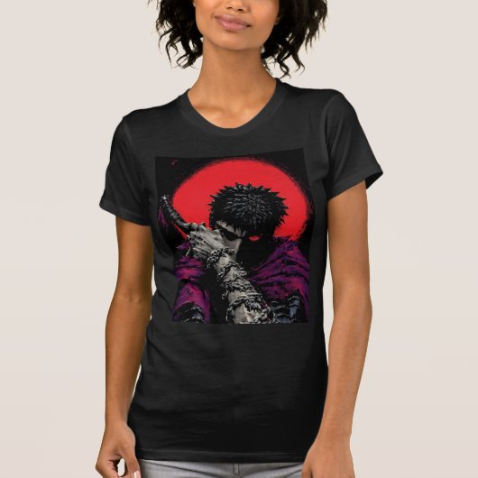 アニメの戦士 赤い月の剣を抱くアート Tシャツ (正面)