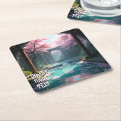 アニメの桜の花咲く寺院と神聖なプール スクエアペーパーコースター (アングル)