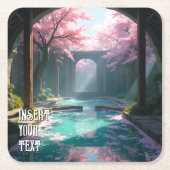 アニメの桜の花咲く寺院と神聖なプール スクエアペーパーコースター (正面)