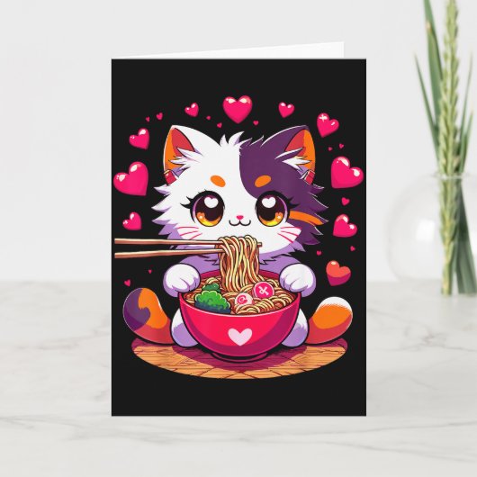 アニメの猫がハートのバレンタインラーメンを食べる カード (正面)