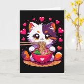 アニメの猫がハートのバレンタインラーメンを食べる カード (黄色い花)
