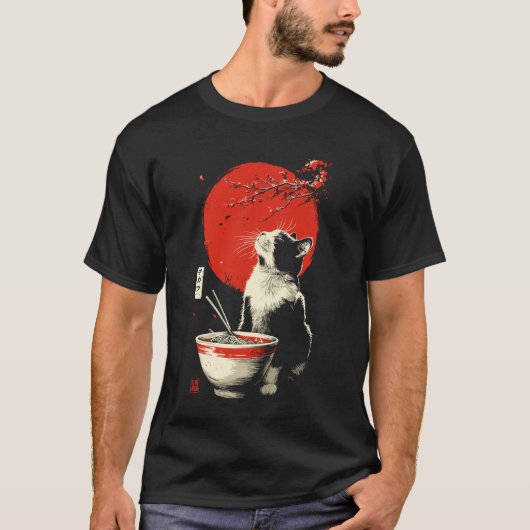 アニメの猫がラーメンを食べる 和風 かわいいA Tシャツ (正面)