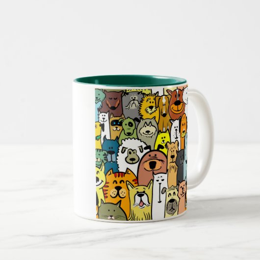 アニメの猫と犬のイラストレーション ツートーンマグカップ (正面右)