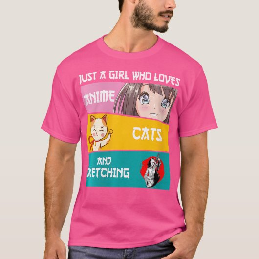 アニメの猫やスケッチが大好きな女の子が登場 Tシャツ (正面)