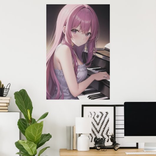 アニメの若いレディーピアノ奏者 | AI Art ポスター (ホームオフィス)