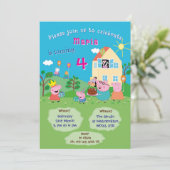 アニメの豚のテーマの招待状。子供の誕生日パーティー。 招待状 (スタンド正面)