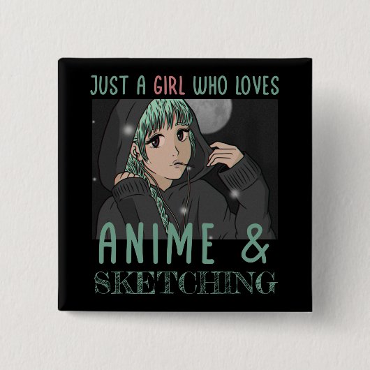 アニメやスケッチが大好きな女の子 缶バッジ (正面)
