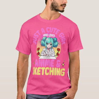 アニメやスケッチのドラが大好きな、かわいい女の子 Tシャツ